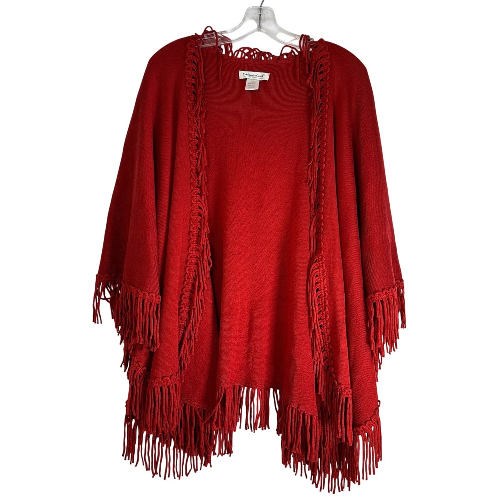 Coldwater Creek Red Fringe Knit Poncho Wrap Open Front One Size